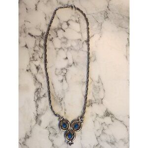Vintage Silver Tone Necklace With Blue Stone Accents & Ornate Pendant